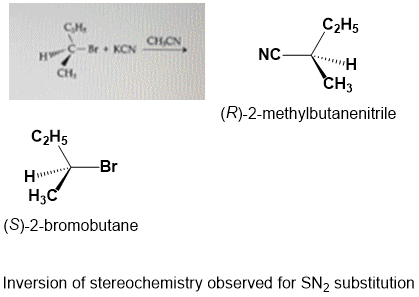 СHs CH. CHCN H Br KCN CH. NC .H CHз (R)-2-methylbutanenitrile СН5 -Br H Нас (S)-2-bromobutane Inversion of stereochemistry ob