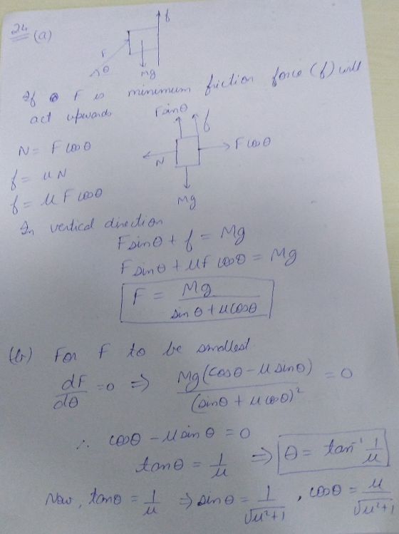 24 (a) minumun ficlion foa ul act upwads Fane 116 N 1o0 = vertical dinedion Foinet-Mg Mg F for f to be omalest = MgCaso-ino)