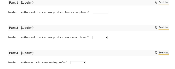 Part 1 (1 point) See Hint In which months should the firm have produced fewer smartphones? Part 2 (1 point) ♡ See Hint In whi