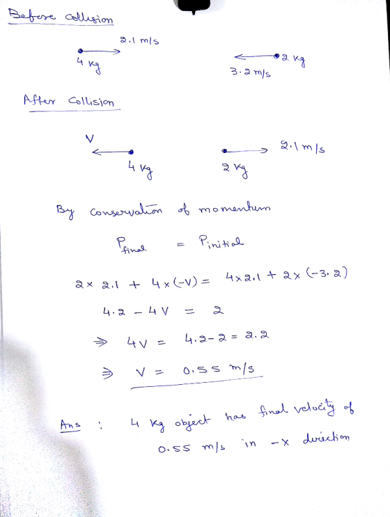 Before collision 2.1 mis 4 kg 02 kg 3.2 m/s After collision > 2.1 mis ung ang By conservation of momentum Pinal = Pinitial 2