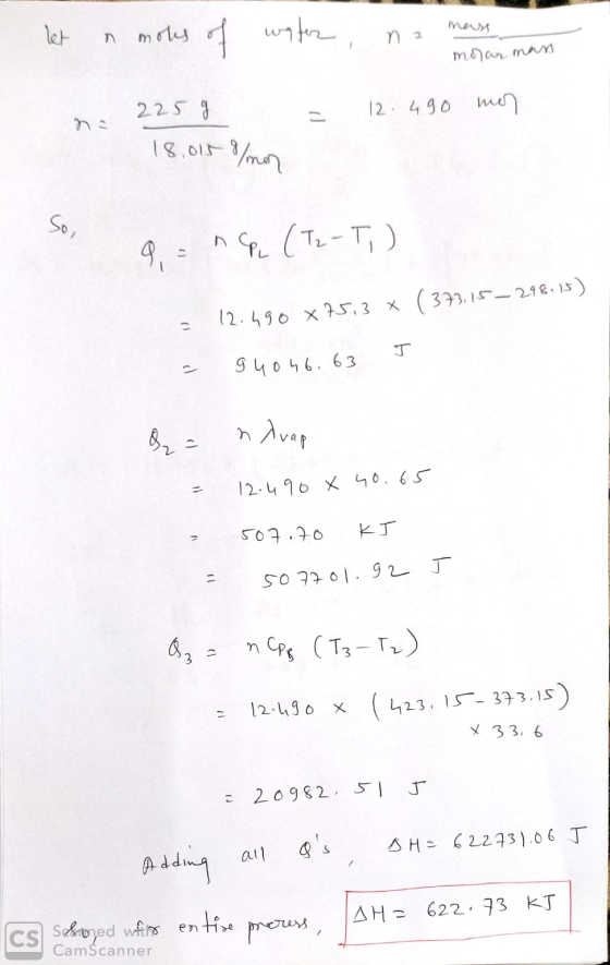 let n moles of water, na mauss morar mars 225g = 12.490 mon 18.015 /mon 9 = np. (T2-T, ) - 12.190 x 75,3 X (373,15_298,15) -