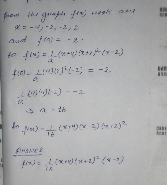 from the graph few) roots are X = -4,-2,-2,2 and f(0) = -2 80 f(1) = 1 (2+4) (x + 2)²(x-2) f(0) = 1 (4) (2) 2/-2) = -2 BNE 14