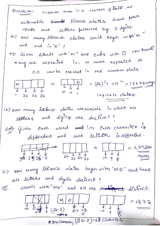Quest o: Afain late au upper ca e Letters and endino Given blast wi,h m and many ticeneplates couid in wibh n I,c., M Canbe peated o 0,0 can be Pae une ;w the numata plate -t 26 2e 26 license platis ase pobleihich au leblea人 and digit 3, 59,520 Plalen 96 1526 licence platos begin with Mo and haue (c Houw many letten and digit, didint? Stasuts ith Mo and au ave