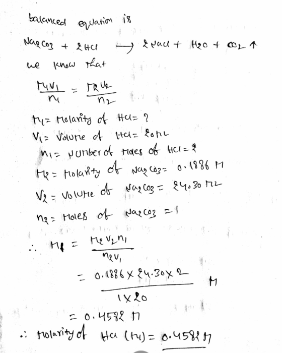 balanced equation is NaQ Cog + 2 Hey we know that t 2 raut H₂o 4 con he Miz Molarity of Hu=? Vi= Volurie of Hal= hohe mos num