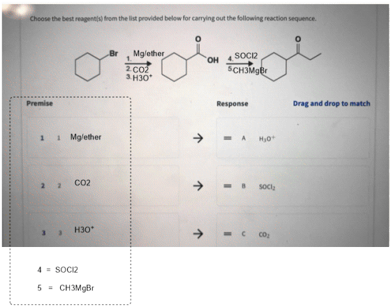 Choose the best reagent(s) from the list provided below for carrying out the following reaction sequence. Mg/ether 2.CO2 3.H3