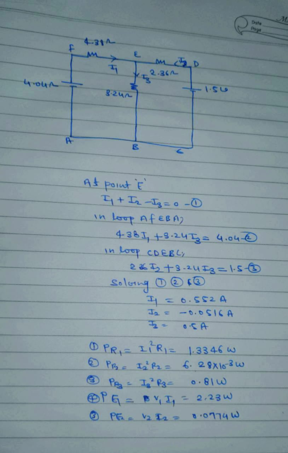 Date 4.382 м E om to 2.362 your 3.run ISU A B At point E If + Iz Iz=0-0 in loop Af EBAY 4381, +3.24 Ig= 4.04€ In loop CD EBL;