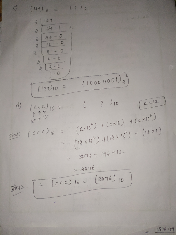 O (189), (?) 1124 64-1 2 (32-b 2016-0 8 - 0 u-o وهم ويع 2-0 1-0 (10000001). (129)10 = d) lecc) is a ? [c=12 10 Step (cc) 16 =