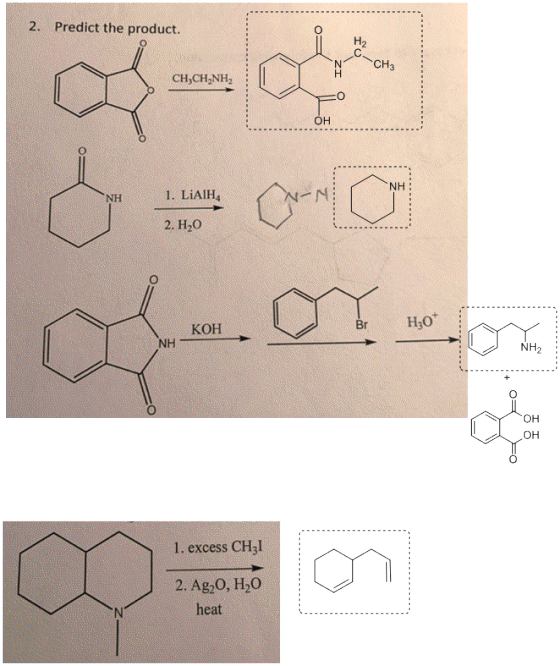2. Predict the product. -CH3 ZI CH,CH2NH2 OH NH 1. LiAlH 2. H2O H20 LLOY КОН ΝΗ он OH 1. excess CH31 2. Ag20, H20 heat