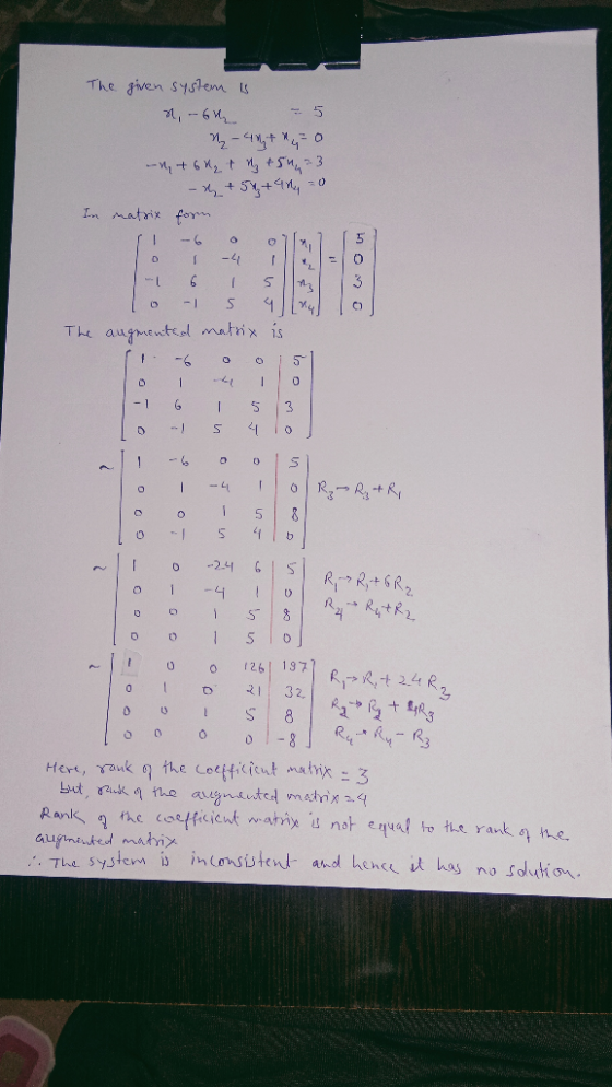 The given system u rn Matrix fary 1 The augmentesl matnx is 6 oo 5 1U o 126 197 0 2 32 R1 24 R Rank, 쓸 fAc coeffrCiCwt w.ahin