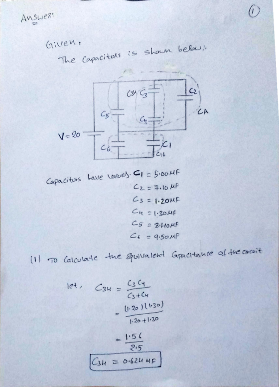 Answer! 2 Gillen, The Capacitors is shown below! TA V=20 GT--Tcia Capacitors have values. C1=5.00 MF C2 = 7.10 MF C3=1.2005 C