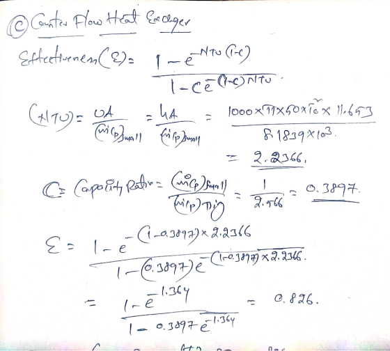 @ Counter Flow Heat Exchger Effectivement (8)= Trento Tre) I-celloni tu CATU)= UA = 4A = 1000x71x50xTex 1.653 (un small fi qe