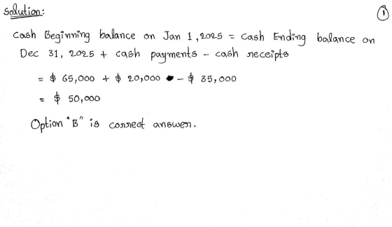 solution: Cash Beginning balance on Jan 1, 2025 = cash Ending balance on Dec 31, 2025 + cash payments - cash receipte $ 65,00