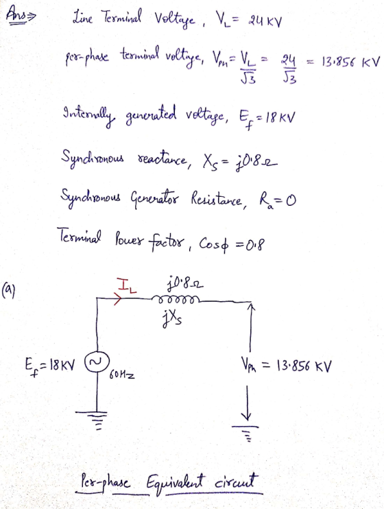 Ansa Line Terminal Voltage, V = 24 kV per-phase terminal voltage, Von= V1 = 24 = 13.856 KV Internally generuted voltage, Ep=1