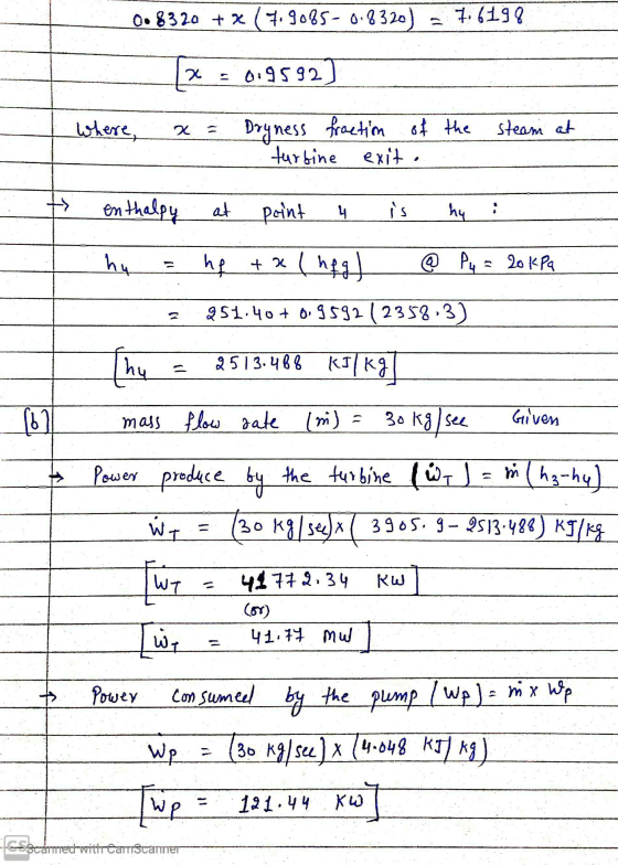 0.8320 + x (7.9085-0.8320) = 7.6198 2 : 0:9592 where, X steam at Dryness fraction of the turbine exit. enthalpy at point 4 is