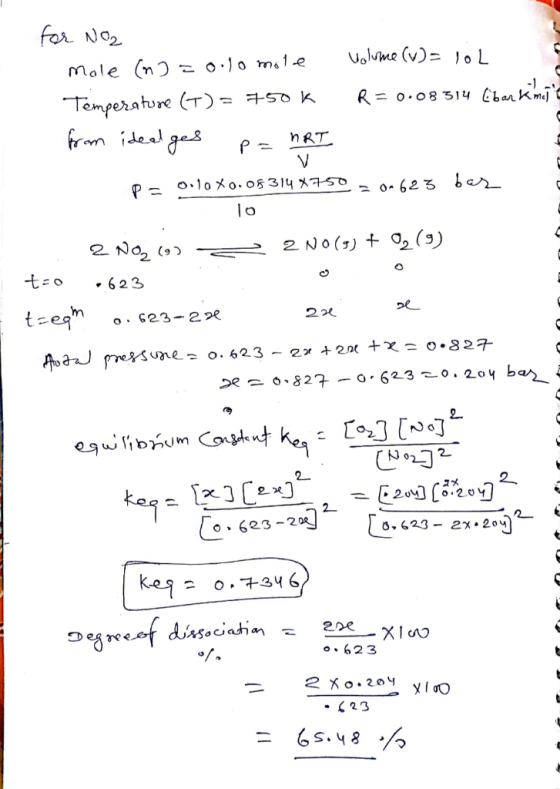 far No2 Uohome (v) lo L o-1o m«1e mole (n Temperature (T)= +50 k fron ideal ges nRT o1oメo.05314 メ750 bcr o- 62 3 2 NO() O2 (3