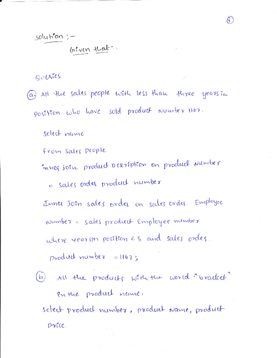 a) solu hon poswon who have sold product nuuM be ว 67 select nme Fro Sales people c sales ondes podud numbe γ Iunei 3cn sal