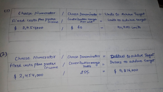 0 Choose Numerator / fixed costs plus pretax in come / & 2,454,000 Choose Denominator = Contribution margin argin - Per unit
