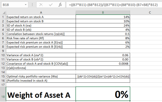 B18 X ✓ fix =((B7*B11)-(B8*B12))/((B7*B11)+(B8*B10)-(B7+B8)*B12) в 14% 10% 24% 0.5 8% 6% 2% A 1 Expected return on stock A 2