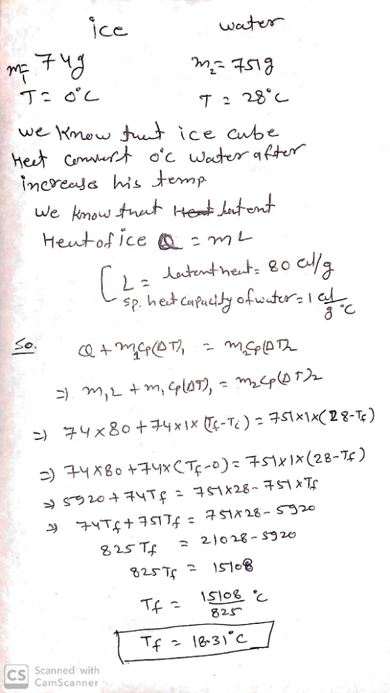 water mezug mq 7519 To 0°C T . 28°C we know tuent ice cube Heet convert oc water after increase his temp We know that Heat h