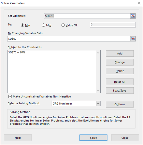 Solver Parameters Set Objective To: O Max OMin alue Of By Changing aiable Cells: SDS78 SDS69 Subject to the Constraints: SDS76 2096 Add Change Delete Reset All Load/Save Make Unconstrained Variables Non-Negative Selt a Solving Method: GRG Nonlinear Options Solving Method Select the GRG Nonlinear engine for Solver Problems that are smooth nonlinear. Select the LP Simplex engine for linear Solver Problems, and select the Evolutionary engine for Solver problems that are non-smooth. Help Solve Close