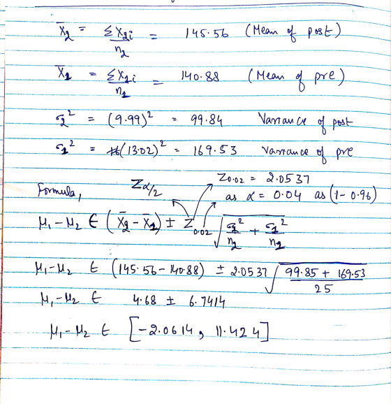 X = {Xai = 145.56 (Mean of post) X = Exri - 140.88 (Mean of pre) og = (9.99)2 = 99.84 q² = +(13:02)² = 169.53 Variance of pos
