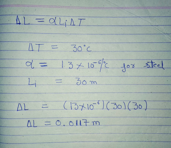 AL = 2LiAT AT a = 4 = 30°C 1.3 + 10% = 30m for steel AL = (13x10-)(30)(30) OL = 0.0117 m