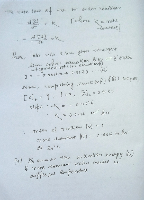 dr The rate law of the hot order reaction - d = k where kan contant, - atlak here, Abs vle time giver estraight line whore eq