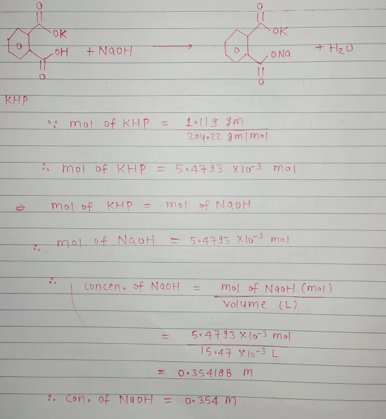 OR OK .OH + NaOH at H₂O ONG d= КНР o mol of KHP 1011g Gm 204022 gm mol do mol mol of KHP - 5.4793 X 10-3 mol mol of KHP mol o