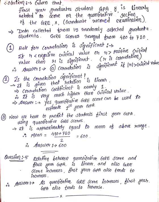 Scorte Solution :- Given that. first, year goraduates student GPA. y. is linearly Selated to on the quantitative section of t
