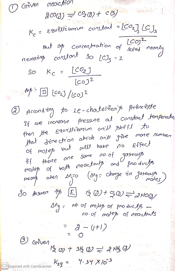 -|C0z), LCIS remaing constant so C), - 1 Given reaction acous) = CO (8) + C) Kea Equillèbrium constant But (coja aps Concentr
