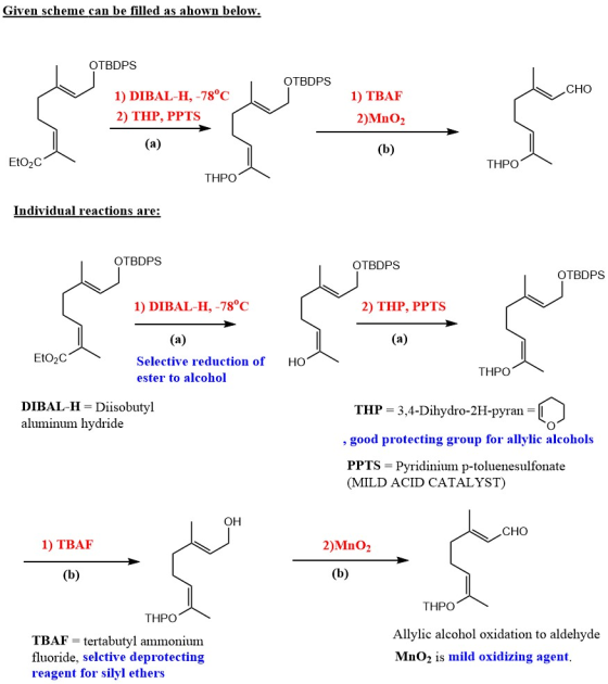 Given scheme can be filled as ahown below OTBDPS OTBDPS CHO 1) DIBAL-H, -78°C 2) THP, PPTS 1) TBAF 2)MnO2 EtO2C ΤΗΡΟ THP。 Ind
