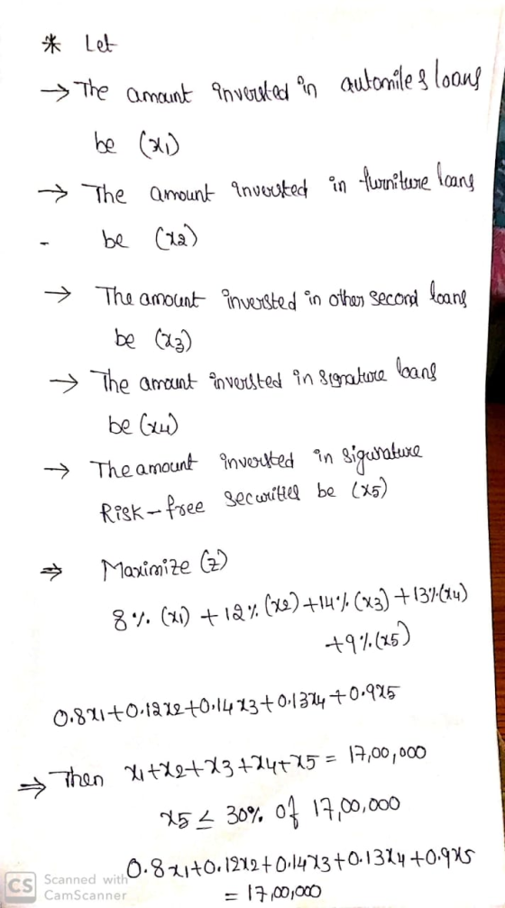 * Let → The amount Inverted an automile I loons 1. be (21) » The amount inversted in furniture loans - be (x2) → The amocent