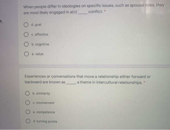 When people differ in ideologies on specific issues, such as spousal roles, they are most likely engaged in a(n) conflict. O