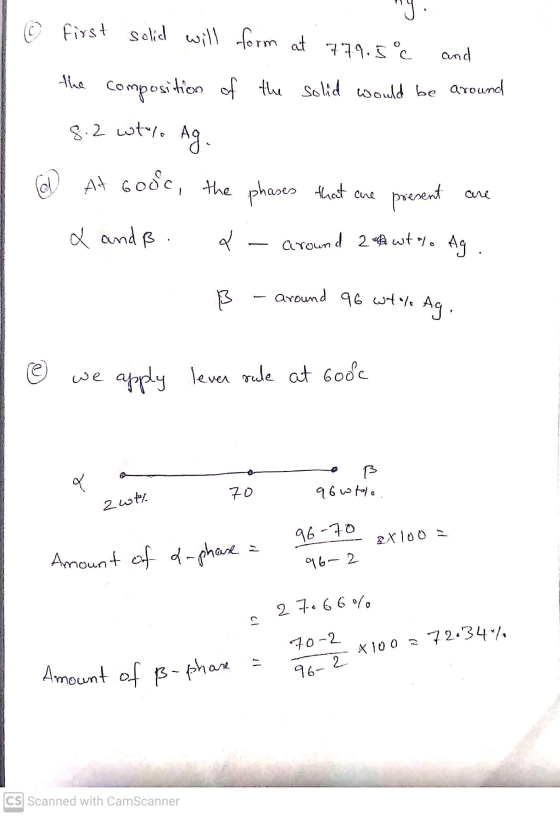 © first solid will form at 779.5 °C and the composition of the solid would be around 8.2 wtre Ag. At Good, the phases that ar