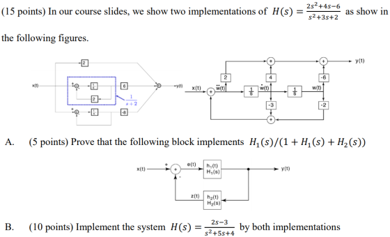 (15 points) In our course slides, we show two implementations of H(s) 2s2+4s-6 s2 +3s+2 as show in the following figures y(t) 2 4 6 6 W(t) w(t) 2 -8 A. (5 points) Prove that the following block implements H1(s)/(1 H(s) H2(s)) e(th1(t) H1(s) x(t) y (t) z(t) h2(t) H2(s) (10 points) Implement the system H(s)2453 by both implementations B.
