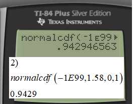 TI-84 Plus Silver Edition TEXAS INSTRUMENTS normalcdf(-1999 1 .942946563 normalcdf (-1E99,1.58,0,1) 0.9429