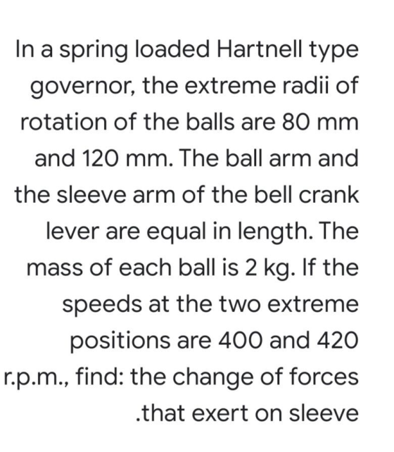In a spring loaded Hartnell type governor, the extreme radii of rotation of the balls are 80 mm and 120 mm. The ball arm and