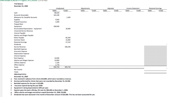 Adjusted Debit Credit Income Statement Debit Credit Retained Earnings Debit Credit UWIIIUDU Excel PiUjell #1.XISX (19.8 KB) T