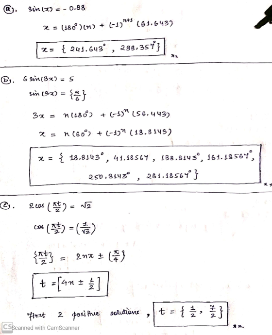 @, sin(x) = -0.88 x = (180°)(0) + (-131*(61,6439 x = { 243.643 , 238,3sỉ | G. 6 sin(3x) = 5 sin (3x) = { } 3x = n(180) + (-10