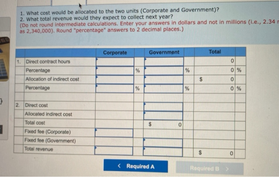 1. What cost would be allocated to the two units (Corporate and Government)? 2. What total revenue would they expect to colle