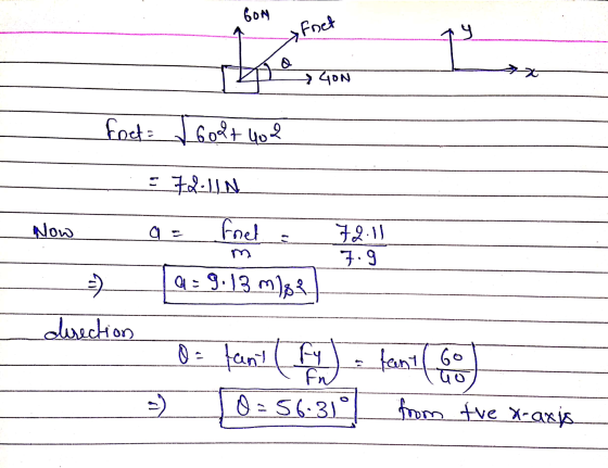 bon fret →40N foet= / Godt 402 = 72IN Now a= fnet. m Q = 9.13 mlo?) 72.11 7.9 - = direction 0 0 = fant (fy) = fant 60 0-56-31