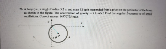 26. A hoop (i.e., a ring) of radius 5.2 m and mass 12 kg is suspended from a pivot on the perimeter of the hoop as shown in t