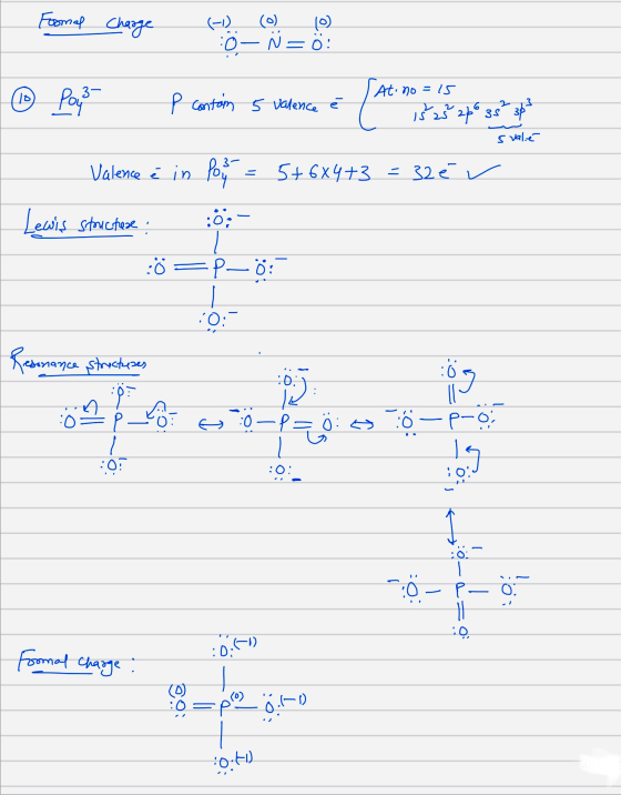 Formel Charge | (-) (0) (0) 0– N= 0: ③ pays p contain 5 valence é At no=15 1525 2p% 38² 383 Svalce Valence e in foy = 5+6X4+3