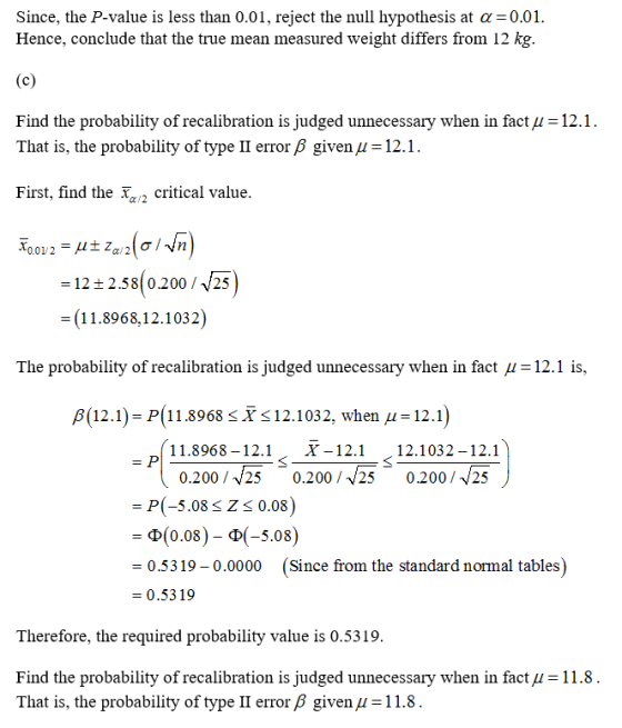 Since, the P-value is less than 0.01, reject the null hypothesis at a 0.01 Hence, conclude that the true mean measured weight