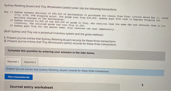 Sydney Retailing (buyer) and Troy Wholesalers (seller) enter into the following transactions. May 11 Sydney accepts delivery