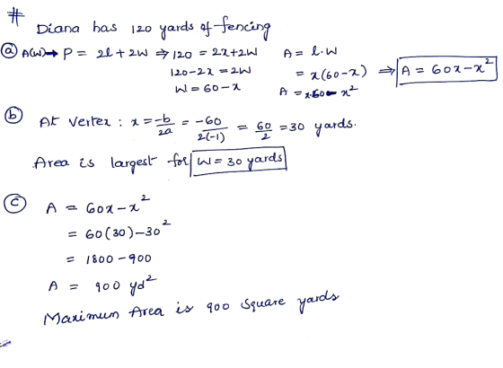 Diana bas 120 yards 120-בכ - 60 30 yard!s Area s larqes ni- 3o yards 2 1800 -900 A=100 yd Marimun Area is 00 Suare yards