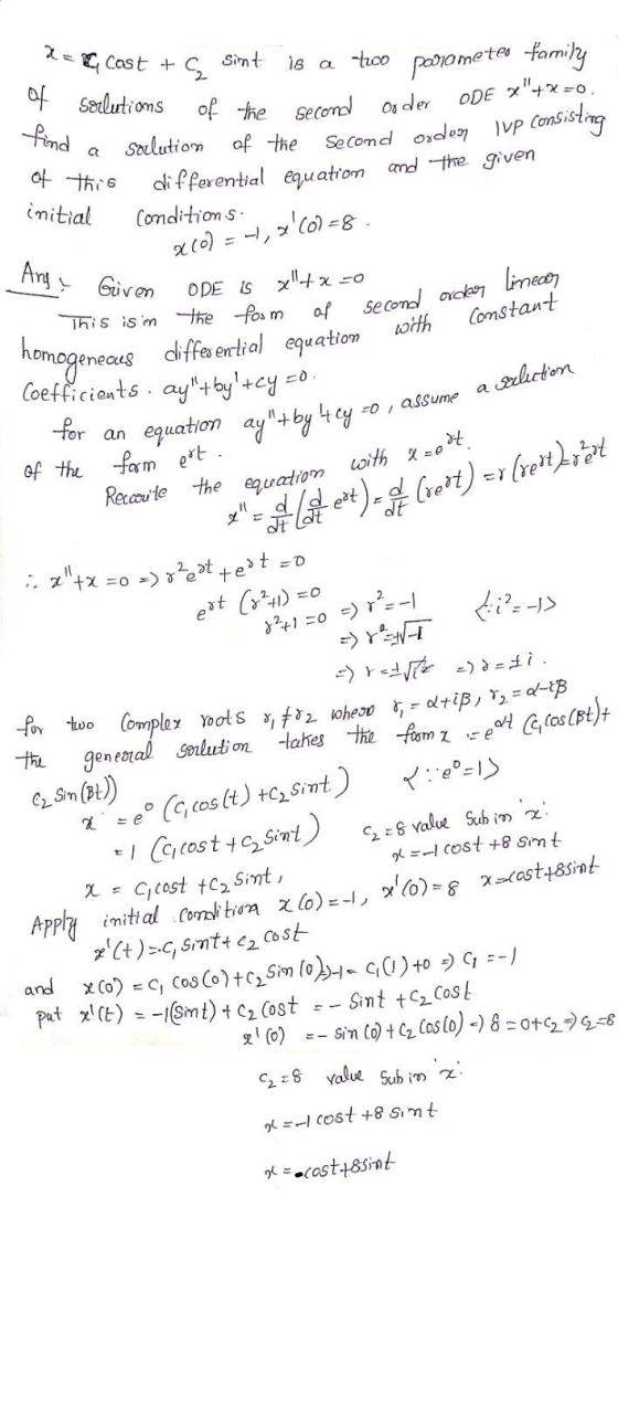 Reccoute the equation with X=0 x= de est) = a (rest) = (xert) rest sint - Cost to of Sorlutions find a is a two parameter fa