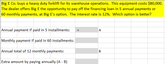 Big E Co.buys a heavy duty forklift for its warehouse operations. This equipment costs $80,000 The dealer offers Big E the op