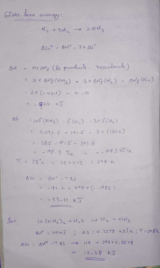 Gibbs free energy: +3th – 2NH3 AGO - Atlo - TX AS BH = nexate (of products - reactants) - 2x Atly Cottz) – 3. stop (the) – st