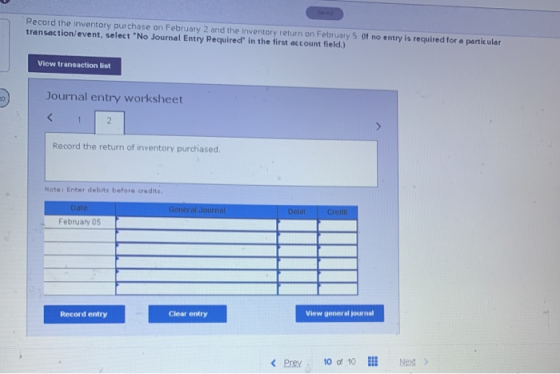 Record the inventory purchase on February 2 and the inventory return on February 5 of no entry is required for a particular t